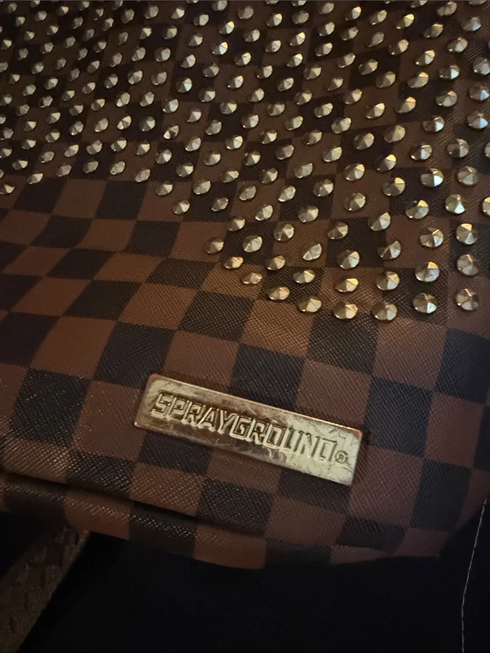 Sprayground Brown Checkered Backpack with Stud Accents